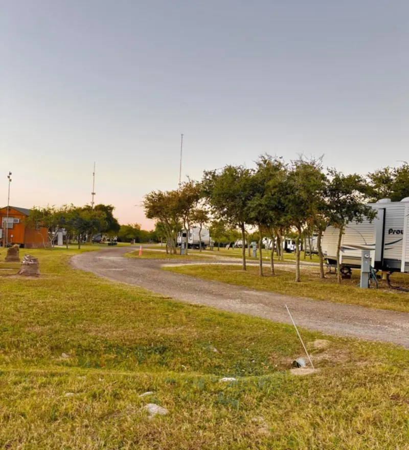 The winding gravel drive through Bay Breeze RV Park at dusk, lined with small trees, rigs parked at their sites
